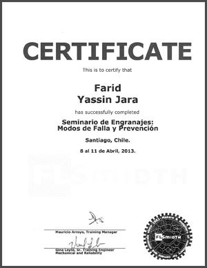 Certificado de FlSmidth - Seminario de Engranajes: Modos de Falla y Prevención de Farid Yassin Jara.