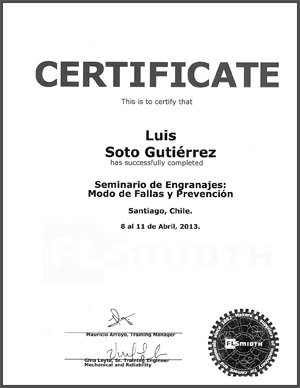 Certificado de FlSmidth - Seminario de Engranajes: Modos de Falla y Prevención de Luis Soto Gutiérrez.